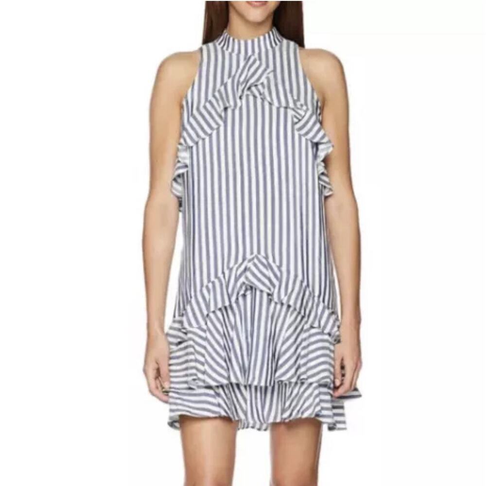 Nicole Miller Blue/White Ruffle Dress Women's Size S Striped